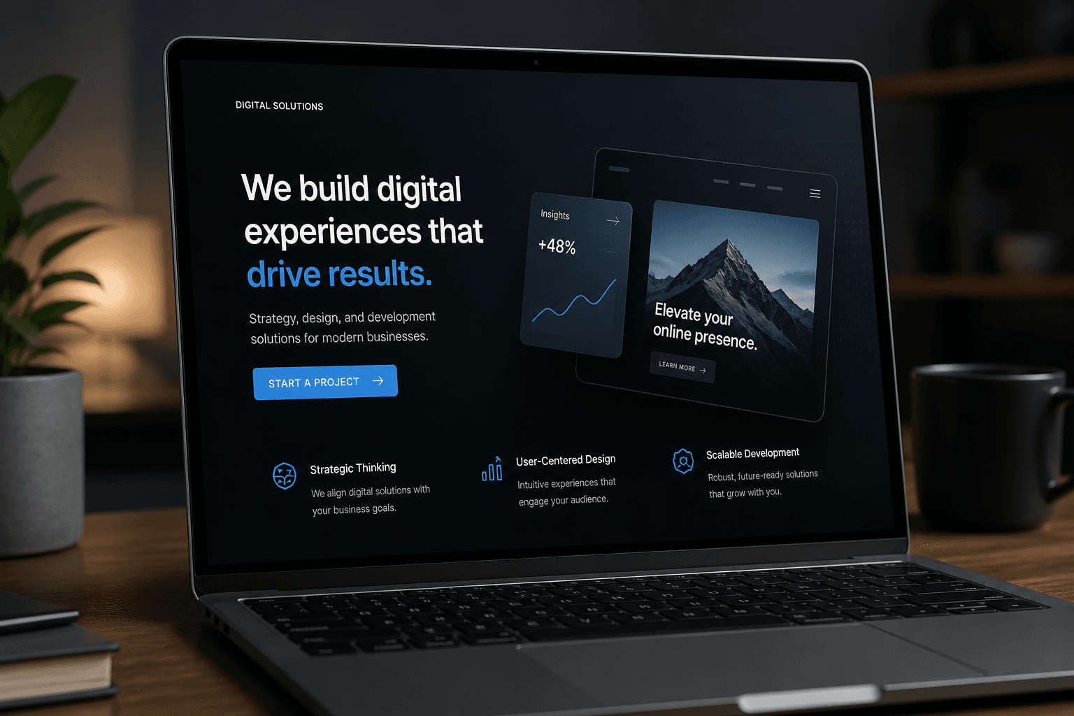 Laptop showing a one-page launch website
