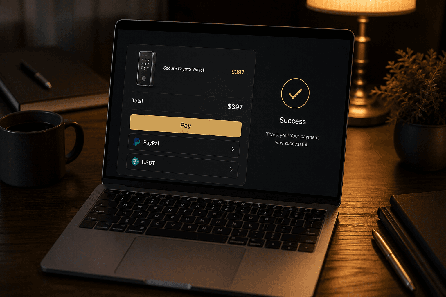 Checkout button and payment confirmation on a laptop