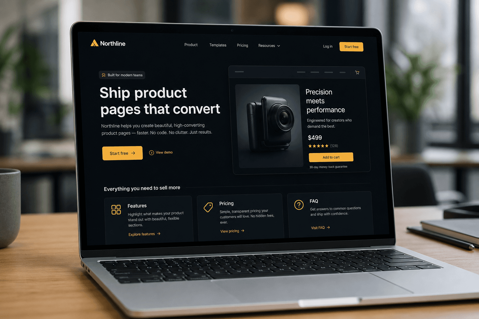 Multi-page product marketing site on a laptop — home, features, and CTA