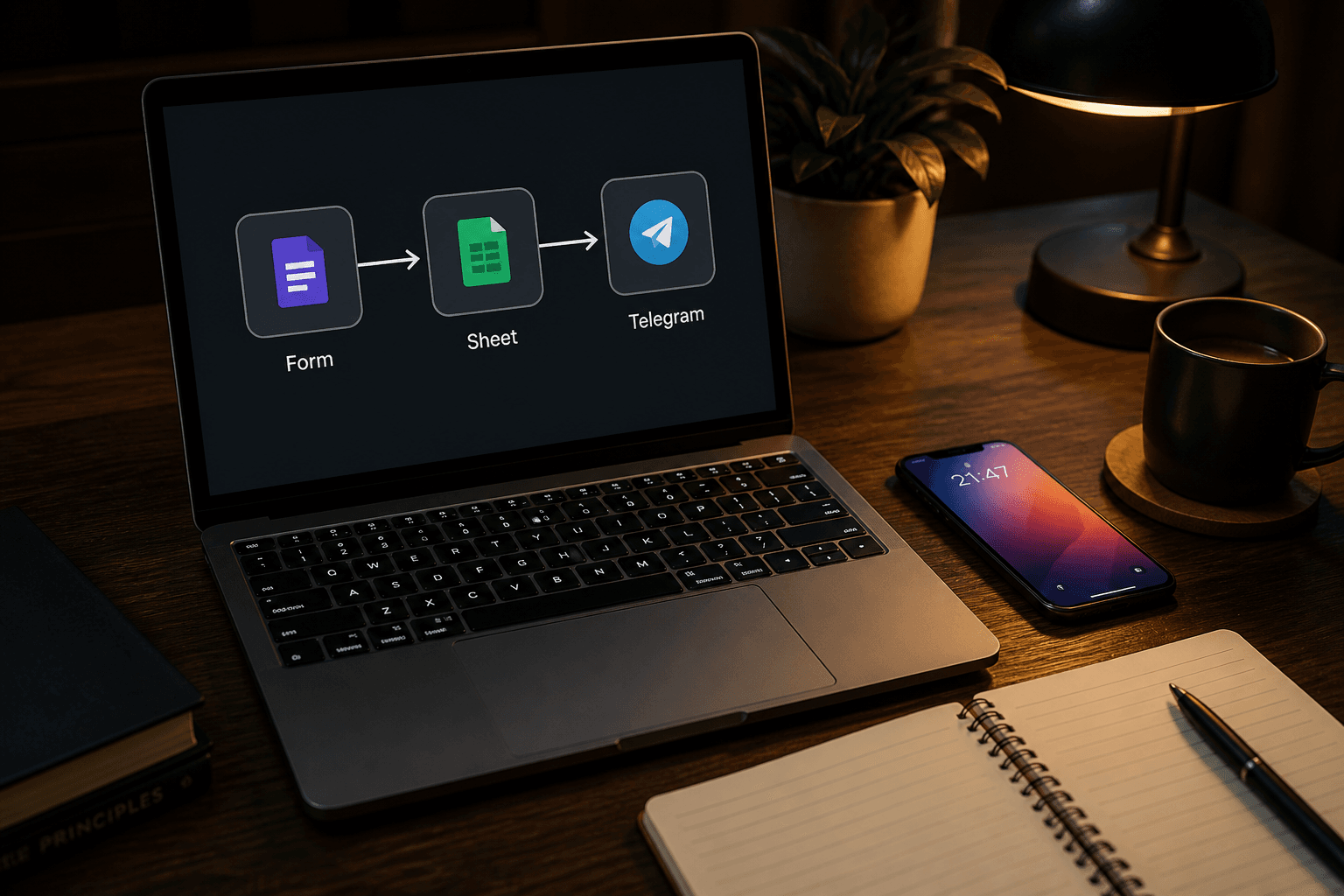 Three tools connected in a simple automation flow