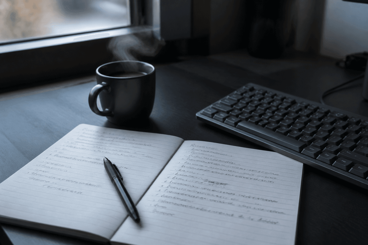 Project brief notes beside a keyboard