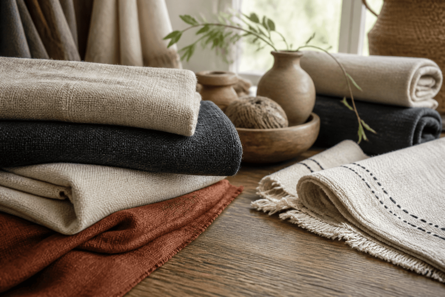 Woven linen throws and runners on oak