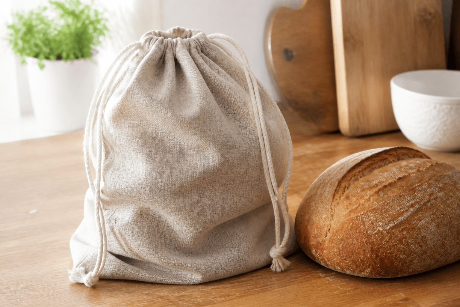 Flax linen bread bag on a wooden counter