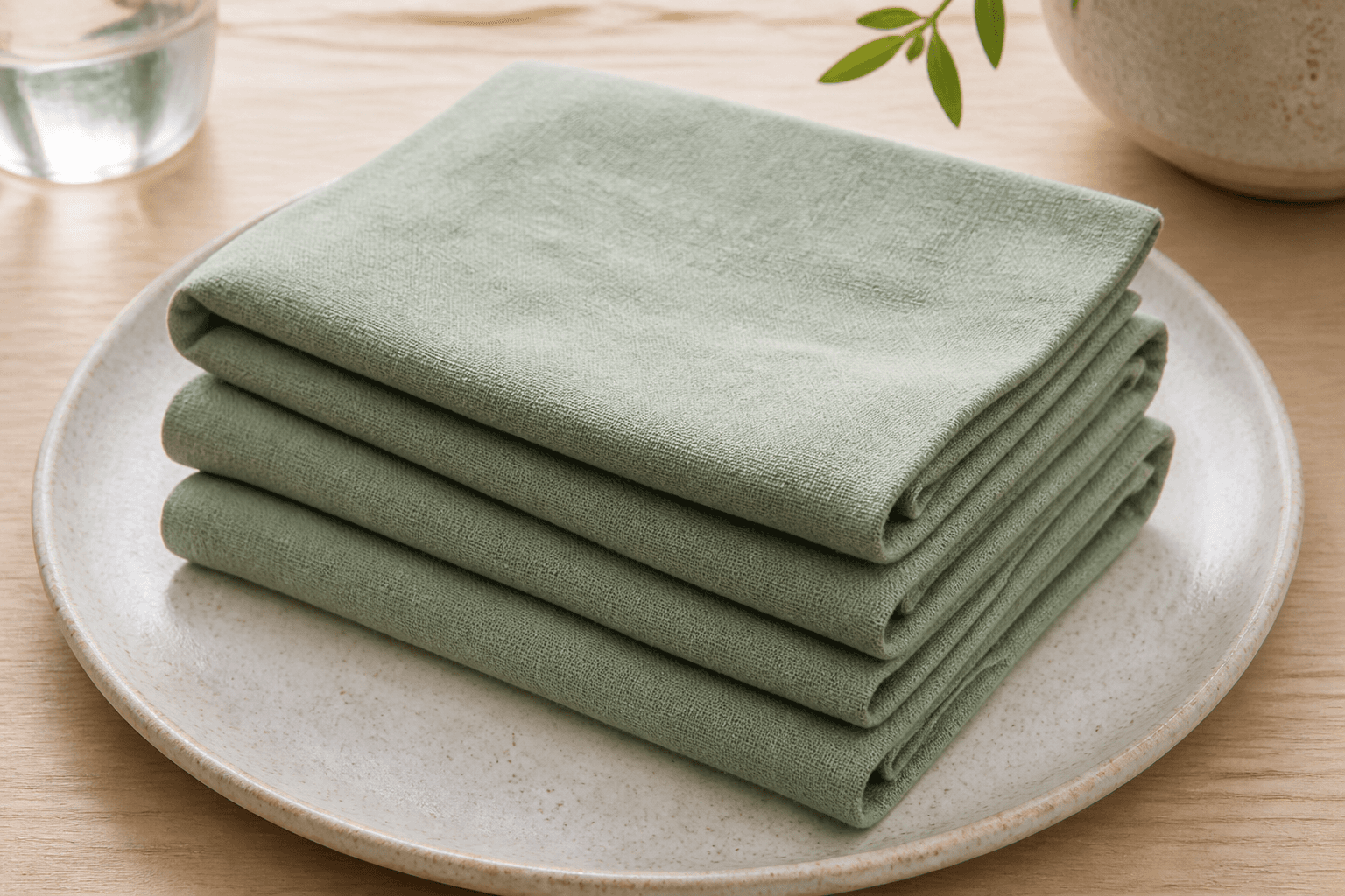 Soft sage linen napkins on a plate