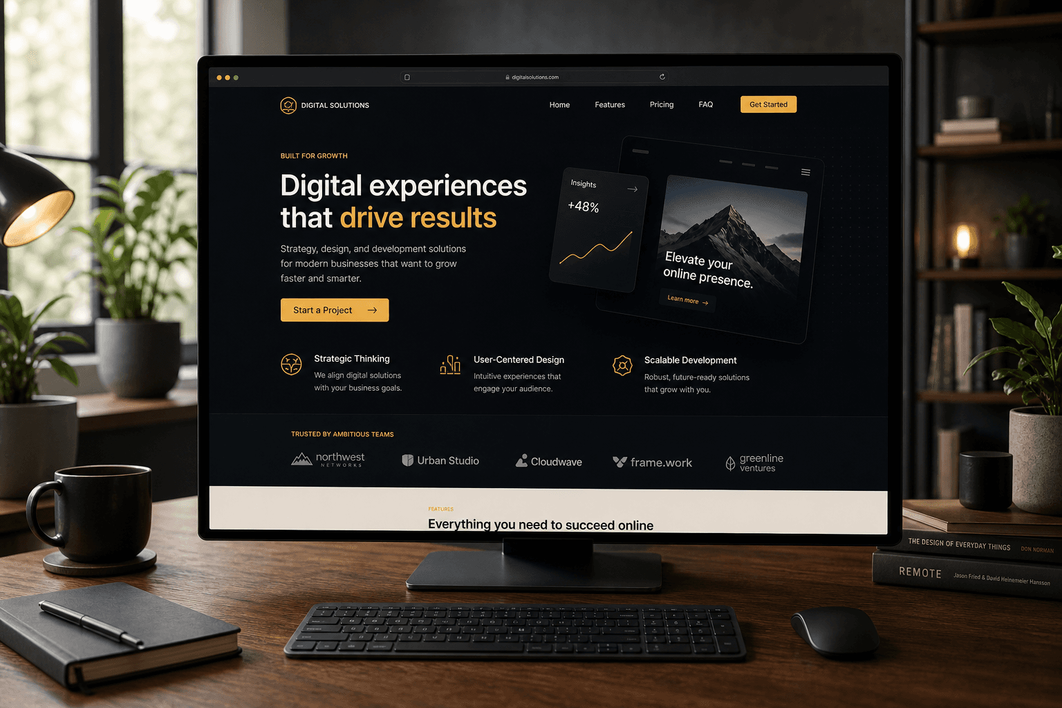 Multi-page product marketing site on a laptop — home, features, and CTA